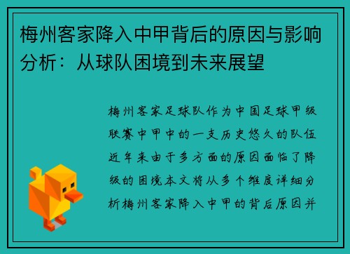 梅州客家降入中甲背后的原因与影响分析：从球队困境到未来展望